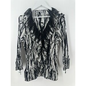 AGORA‎ Women's Ruffled Blouse Sz L White Black Long Sleeve Lace Crinkled AC23